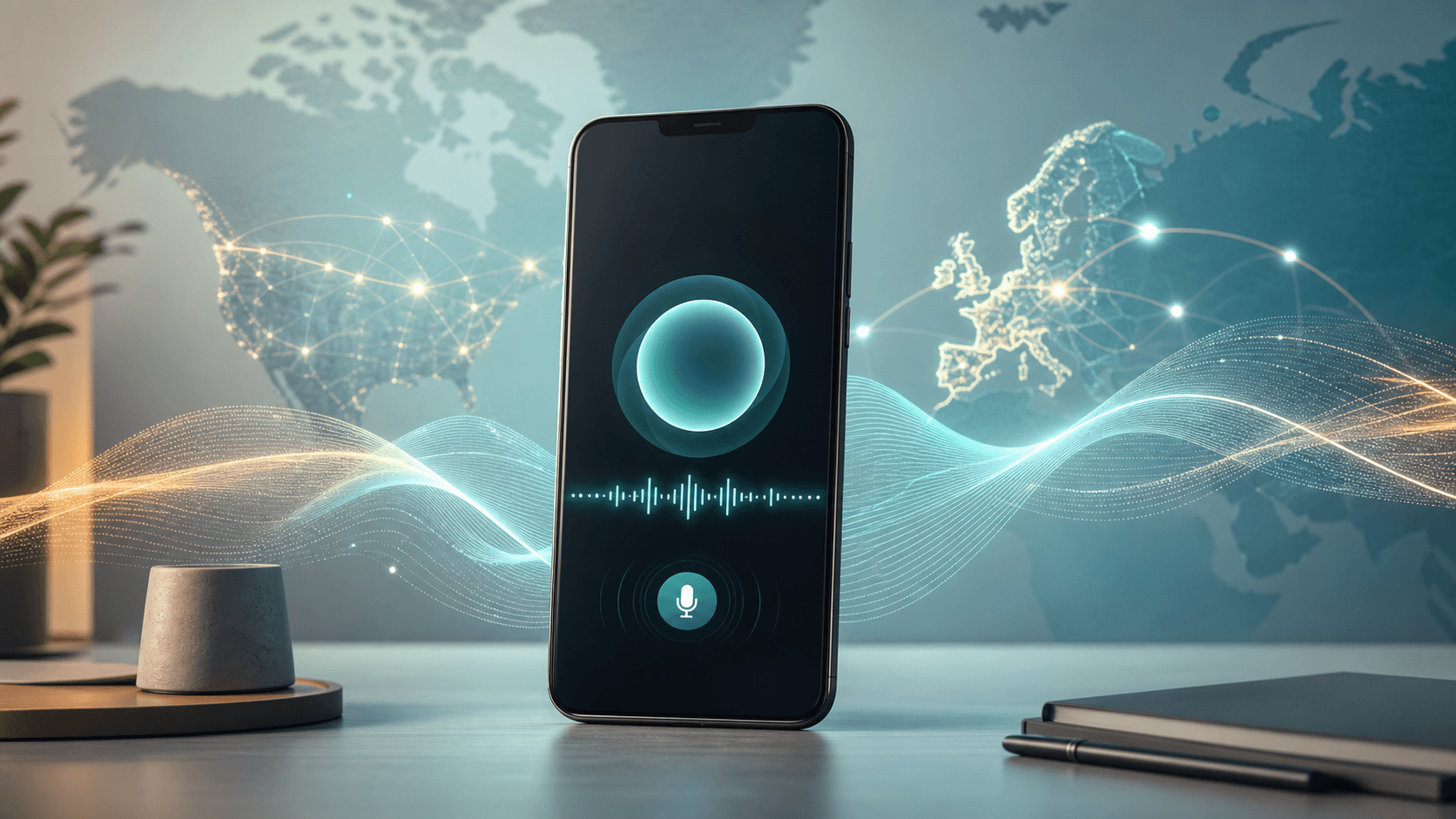Editorial image showing a smartphone voice interface for ChatGPT GPT-Live voice conversations