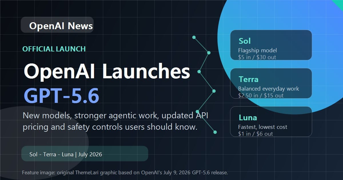 OpenAI Launches GPT-5.6 feature image showing Sol, Terra and Luna model pricing