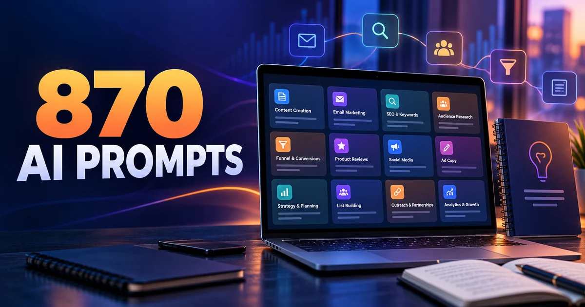 870 AI prompts for affiliate marketing displayed on a laptop